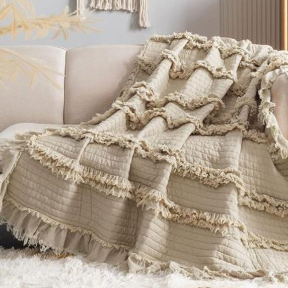 Farmhouse Throw Blanket Boho Cottage Decor Soft Decorative Beige Quilted Cover - Picture 2 of 13